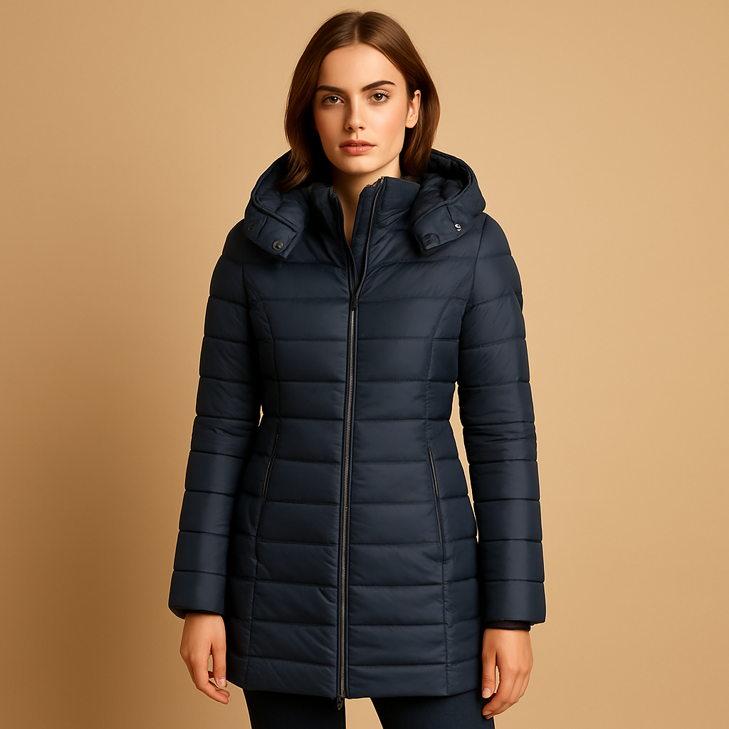 Woman wearing a lightweight padded puffer jacket with natural insulation and a modern quilted design, ideal for cool mornings and stylish everyday wear.