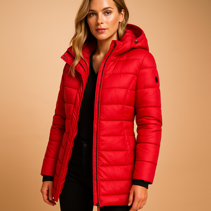 Woman wearing a lightweight padded puffer jacket with natural insulation and a modern quilted design, ideal for cool mornings and stylish everyday wear.