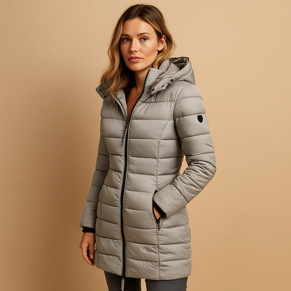 Woman wearing a lightweight padded puffer jacket with natural insulation and a modern quilted design, ideal for cool mornings and stylish everyday wear.