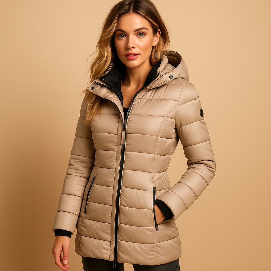 Woman wearing a lightweight padded puffer jacket with natural insulation and a modern quilted design, ideal for cool mornings and stylish everyday wear.