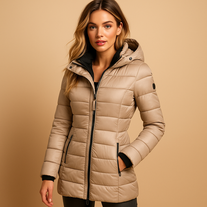 Woman wearing a lightweight padded puffer jacket with natural insulation and a modern quilted design, ideal for cool mornings and stylish everyday wear.