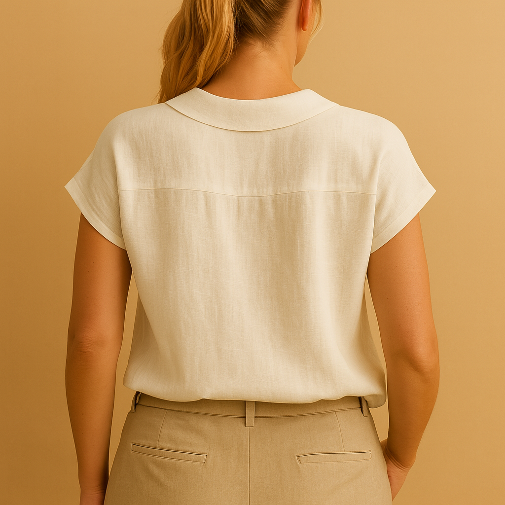 Lightweight round neck summer blouse for women with button detail, suitable for casual wear, beach days, and warm weather outings.