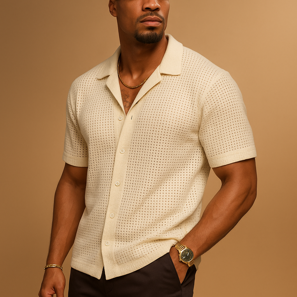 Lightweight short sleeve summer shirt for men in beige with a breathable design and comfortable fit, ideal for beach days, vacations, and casual summer outfits.