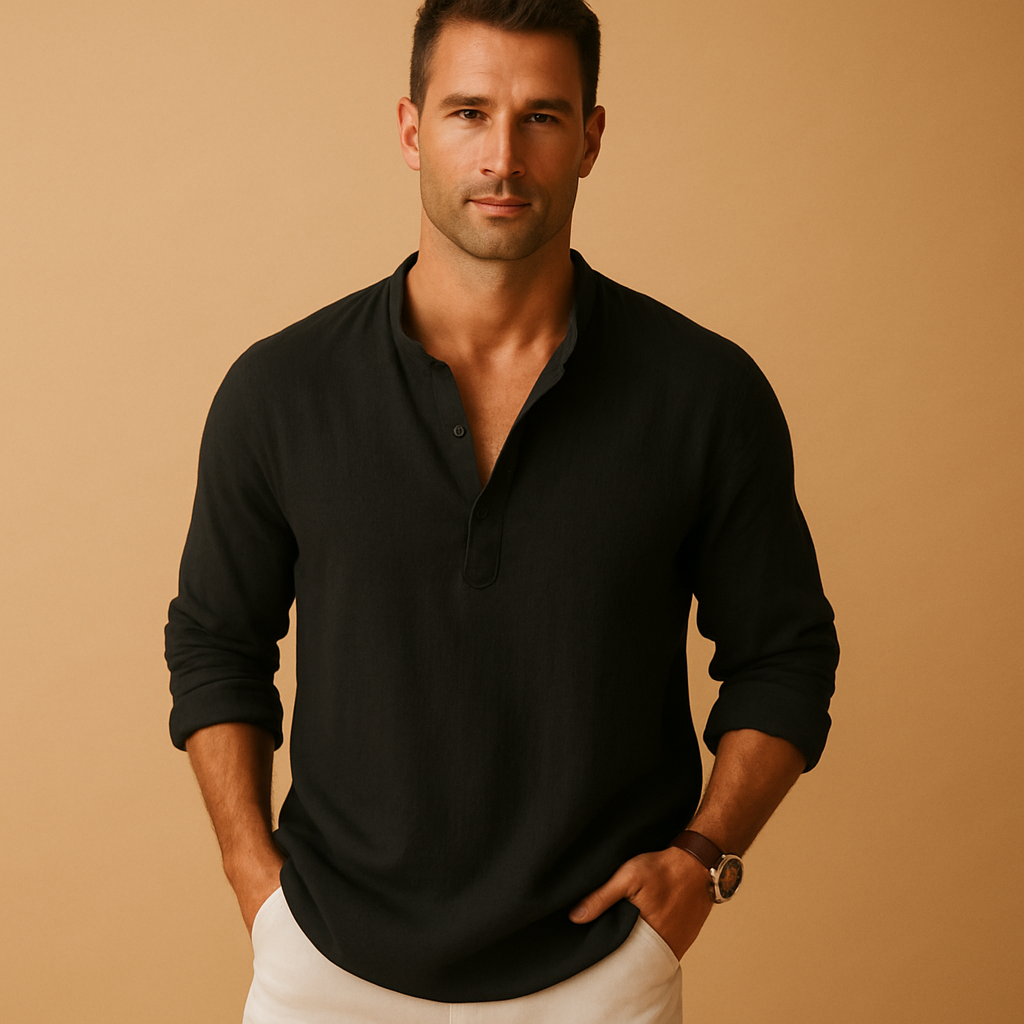 Lightweight V-neck long sleeve shirt for men with a breathable design and comfortable fit, ideal for summer outfits, work, and casual evenings.