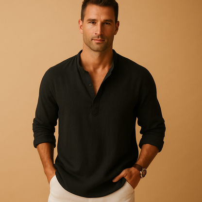 Lightweight V-neck long sleeve shirt for men with a breathable design and comfortable fit, ideal for summer outfits, work, and casual evenings.