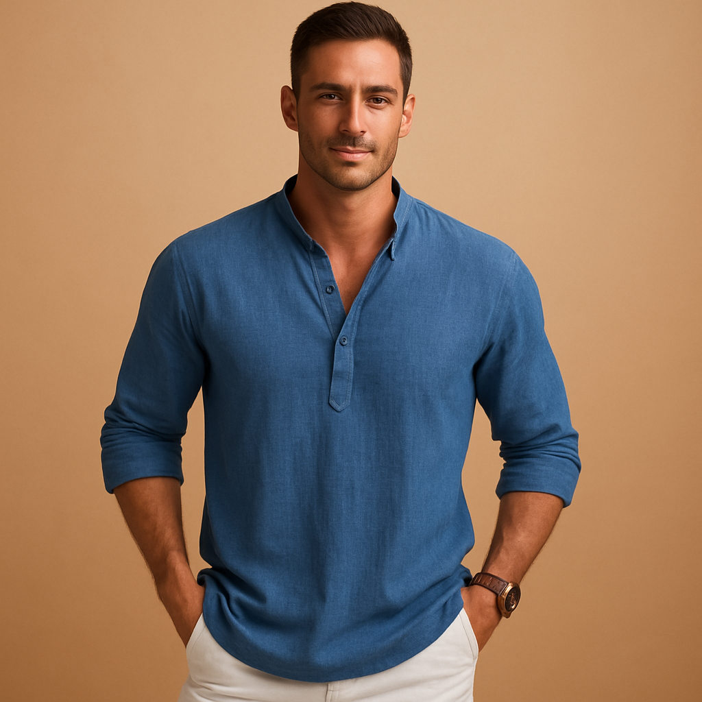 Lightweight V-neck long sleeve shirt for men with a breathable design and comfortable fit, ideal for summer outfits, work, and casual evenings.