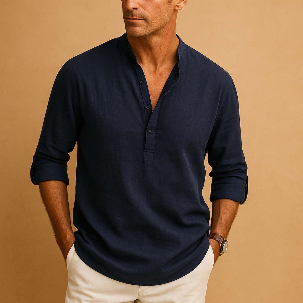 Lightweight V-neck long sleeve shirt for men with a breathable design and comfortable fit, ideal for summer outfits, work, and casual evenings.