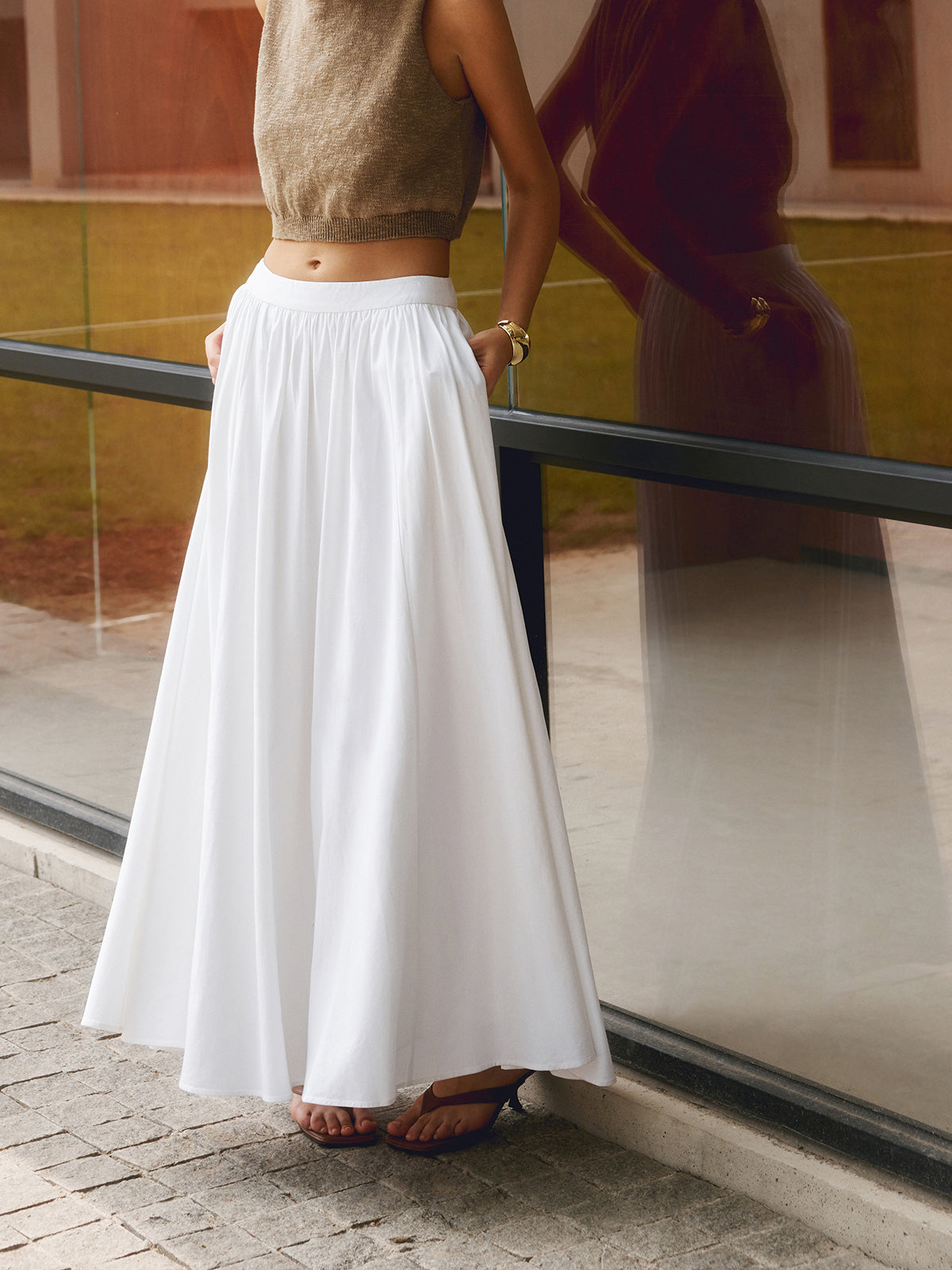 Women's High Waist A-Line Maxi Skirt Pleated with Pockets