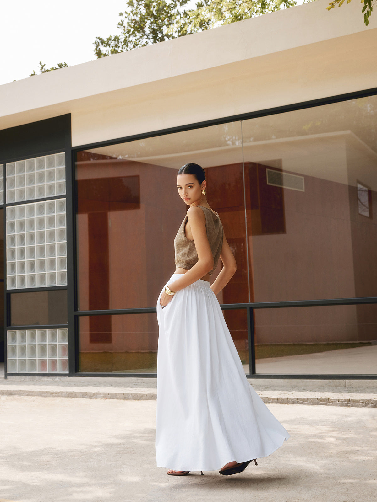 Women's High Waist A-Line Maxi Skirt Pleated with Pockets