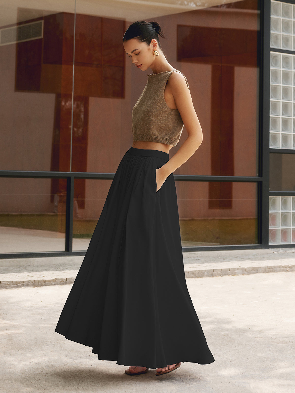 Women's High Waist A-Line Maxi Skirt Pleated with Pockets