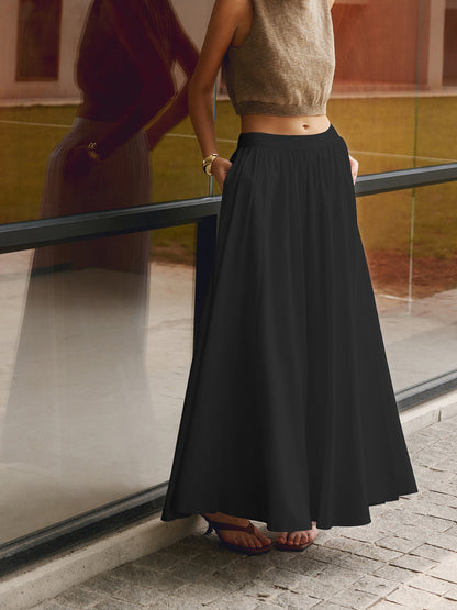 Women's High Waist A-Line Maxi Skirt Pleated with Pockets