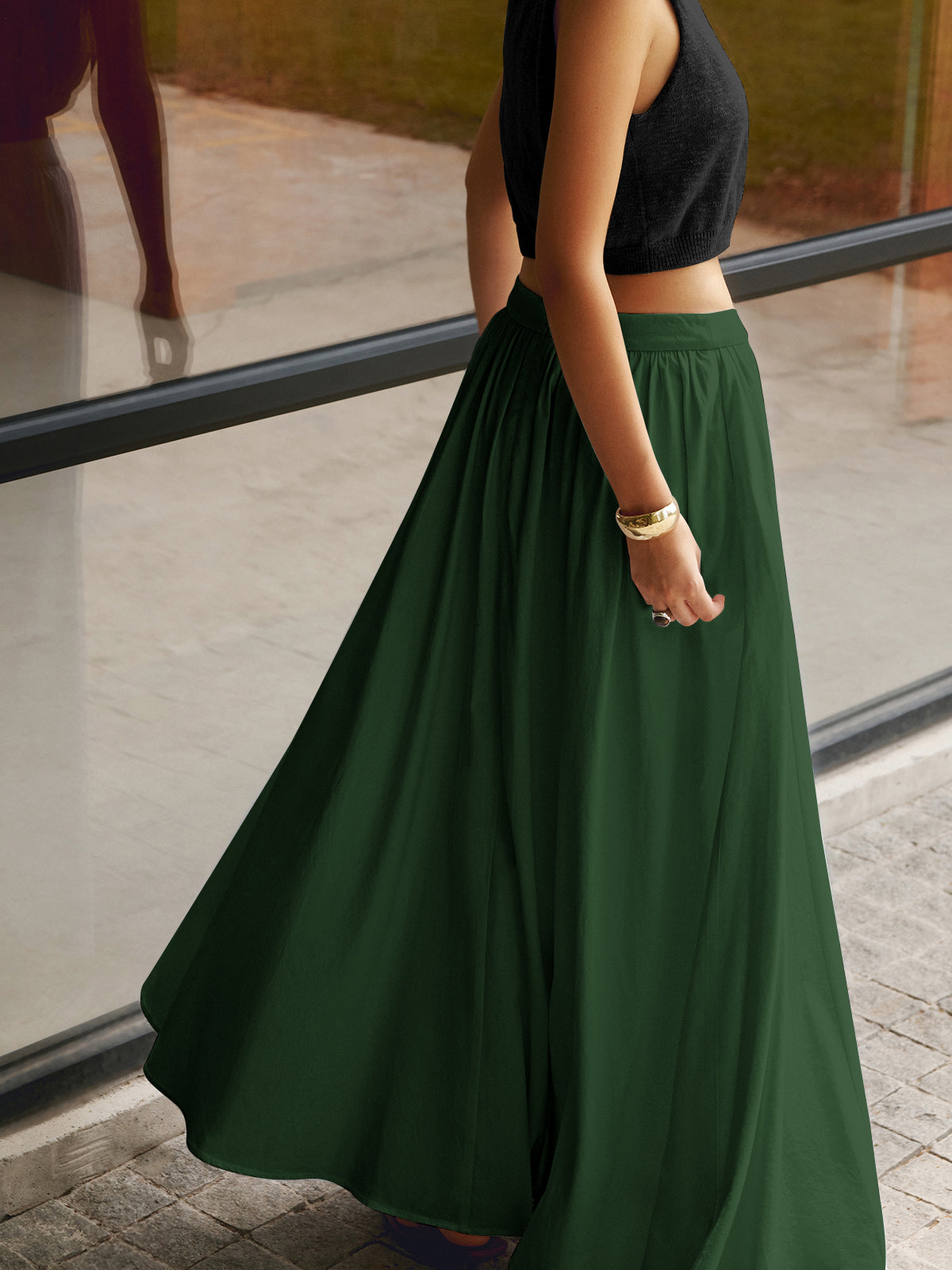 Women's High Waist A-Line Maxi Skirt Pleated with Pockets
