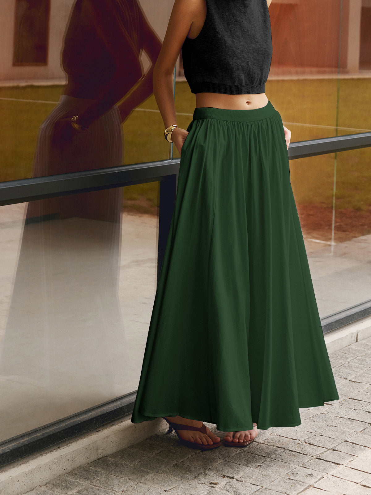 Women's High Waist A-Line Maxi Skirt Pleated with Pockets