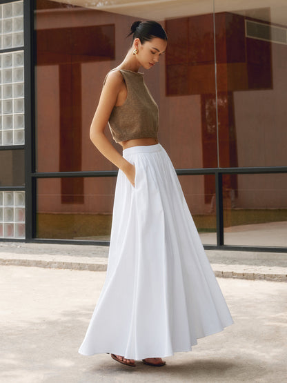 Women's High Waist A-Line Maxi Skirt Pleated with Pockets - VibreMode
