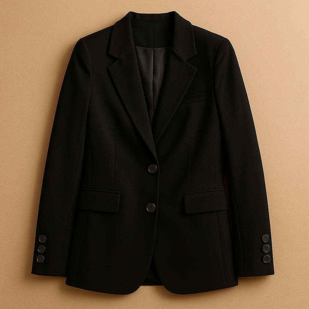 Long women’s blazer with a timeless silhouette and modern details in classic neutral tones, perfect for formal and casual outfits.