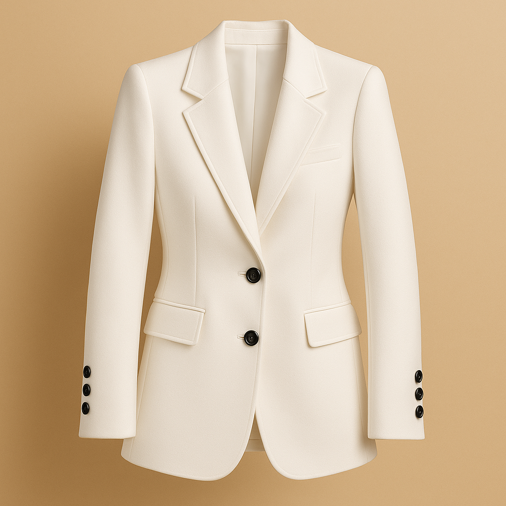 Long women’s blazer with a timeless silhouette and modern details in classic neutral tones, perfect for formal and casual outfits.