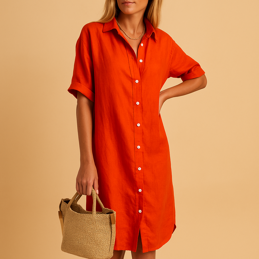 Women’s long button-up shirt dress with short sleeves and loose fit, perfect for summer outfits, casual wear, work days, and everyday styling.