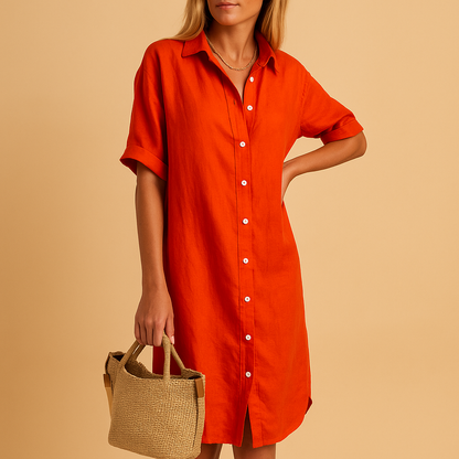 Women’s long button-up shirt dress with short sleeves and loose fit, perfect for summer outfits, casual wear, work days, and everyday styling.