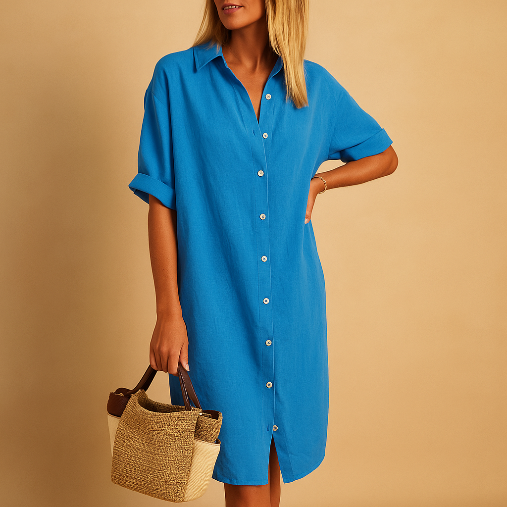 Women’s long button-up shirt dress with short sleeves and loose fit, perfect for summer outfits, casual wear, work days, and everyday styling.