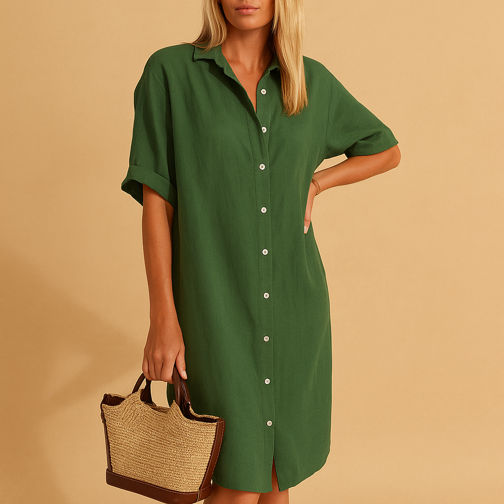 Women’s long button-up shirt dress with short sleeves and loose fit, perfect for summer outfits, casual wear, work days, and everyday styling.