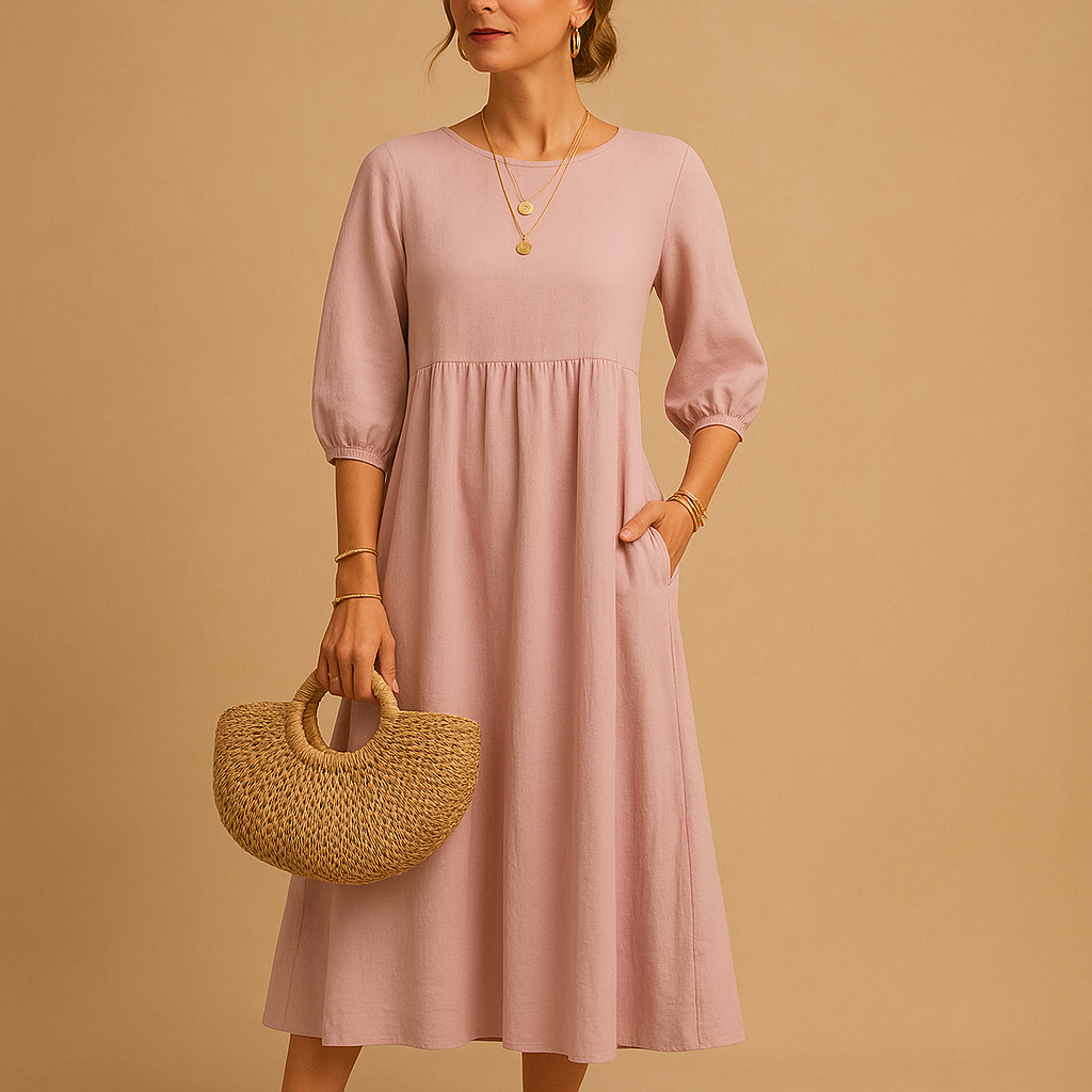 Long casual maxi dress with round neck for women in solid color, ideal for everyday wear and casual chic outfits in spring and summer.