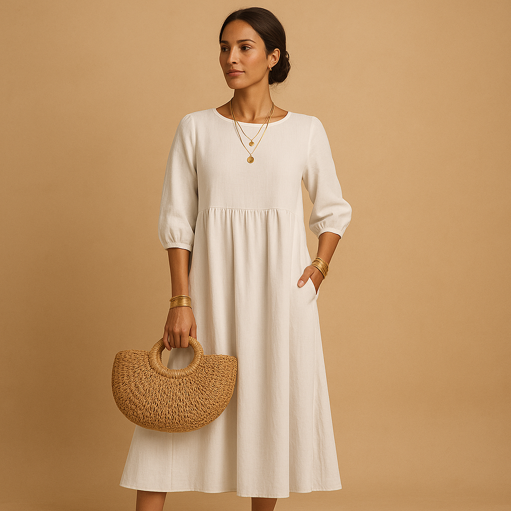 Long casual maxi dress with round neck for women in solid color, ideal for everyday wear and casual chic outfits in spring and summer.