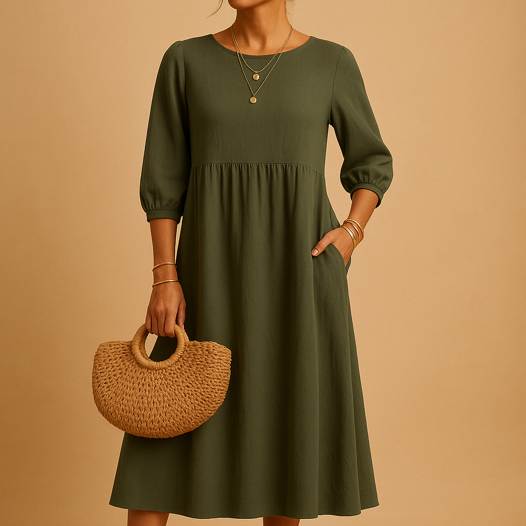 Long casual maxi dress with round neck for women in solid color, ideal for everyday wear and casual chic outfits in spring and summer.