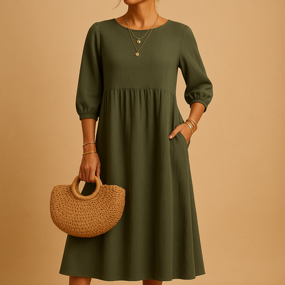 Long casual maxi dress with round neck for women in solid color, ideal for everyday wear and casual chic outfits in spring and summer.