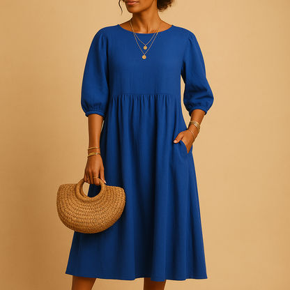 Long casual maxi dress with round neck for women in solid color, ideal for everyday wear and casual chic outfits in spring and summer.