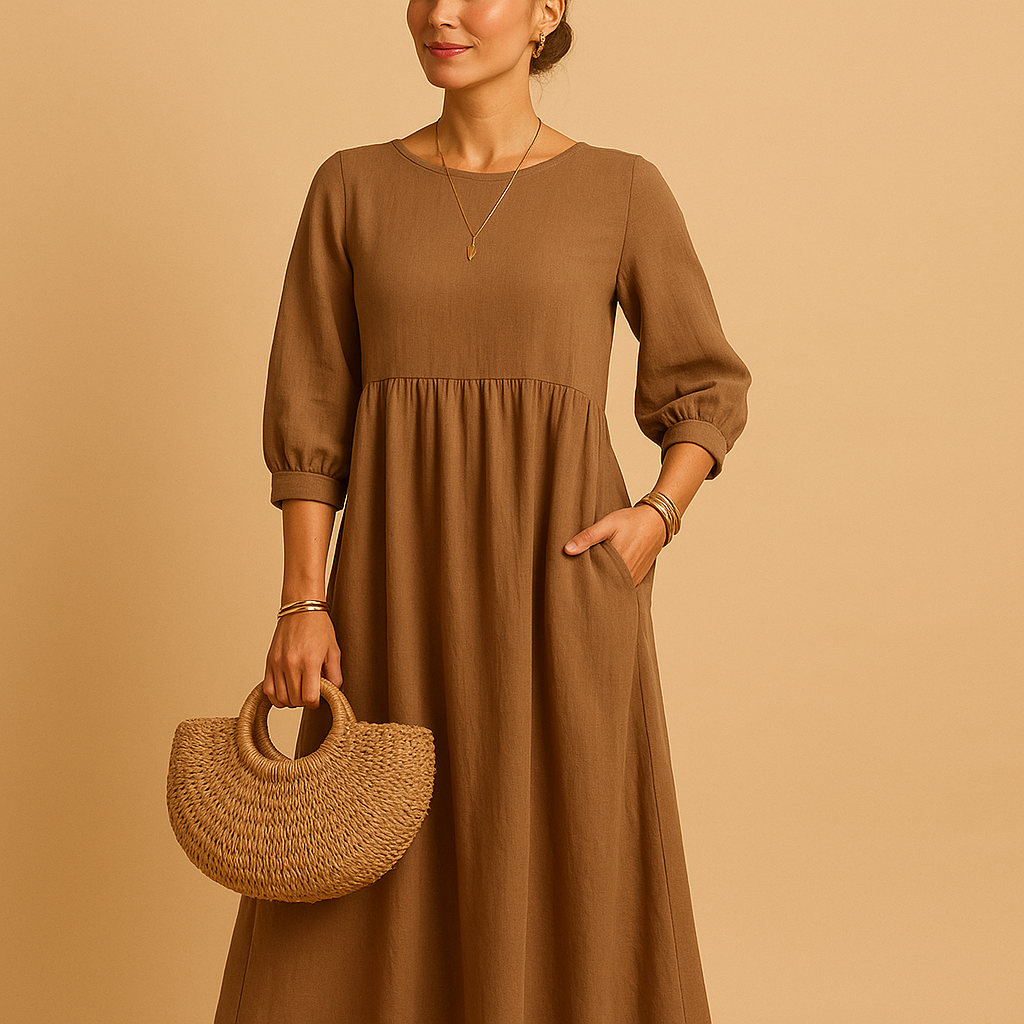 Long casual maxi dress with round neck for women in solid color, ideal for everyday wear and casual chic outfits in spring and summer.