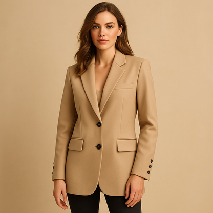 Long elegant blazer for women with a timeless silhouette and modern details, available in classic neutral colors.