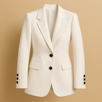 Long elegant blazer for women with a timeless silhouette and modern details, available in classic neutral colors.