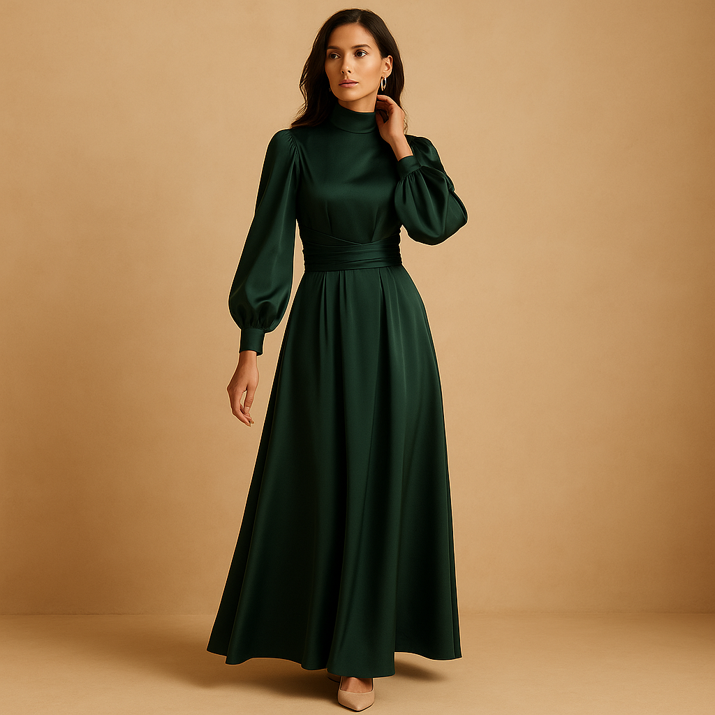 Women’s long elegant dress with accent waist belt and long sleeves in deep green, perfect for weddings, gala events, and formal evening occasions.