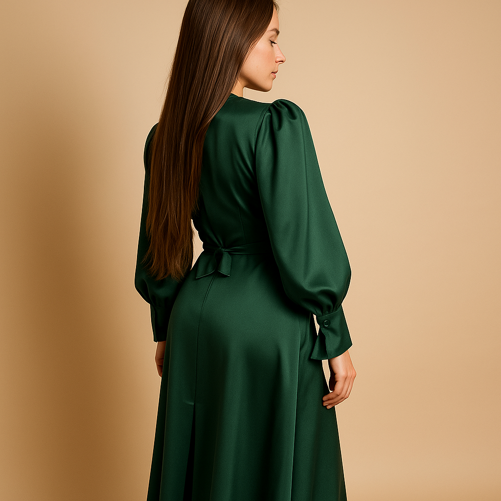 Women’s long elegant dress with accent waist belt and long sleeves in deep green, perfect for weddings, gala events, and formal evening occasions.