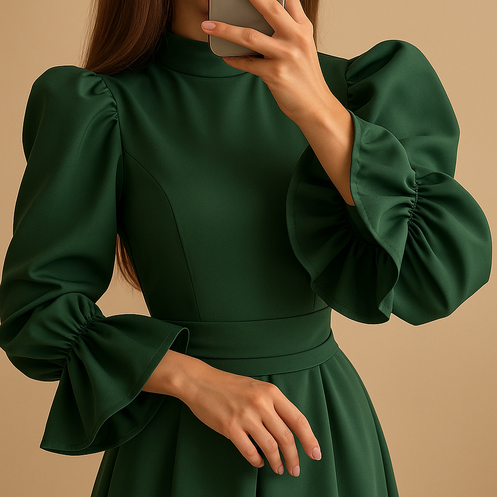 Women’s long elegant dress with accent waist belt and long sleeves in deep green, perfect for weddings, gala events, and formal evening occasions.