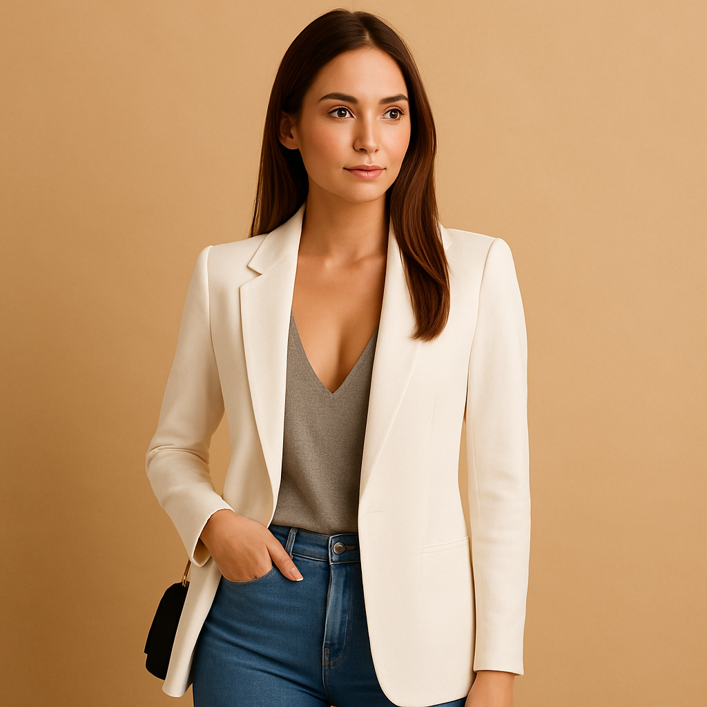 Long fitted women’s blazer with a sleek silhouette in classic colors, perfect for office wear, formal events, and stylish casual outfits.