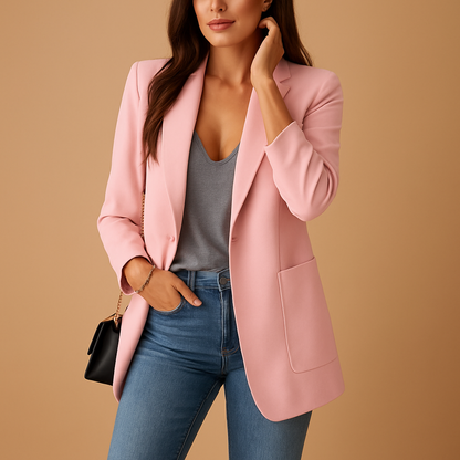 Long fitted women’s blazer with a sleek silhouette in classic colors, perfect for office wear, formal events, and stylish casual outfits.