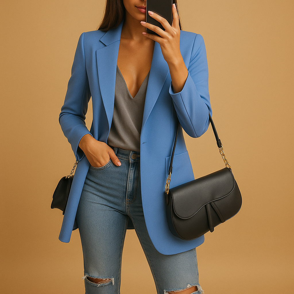 Long fitted women’s blazer with a sleek silhouette in classic colors, perfect for office wear, formal events, and stylish casual outfits.