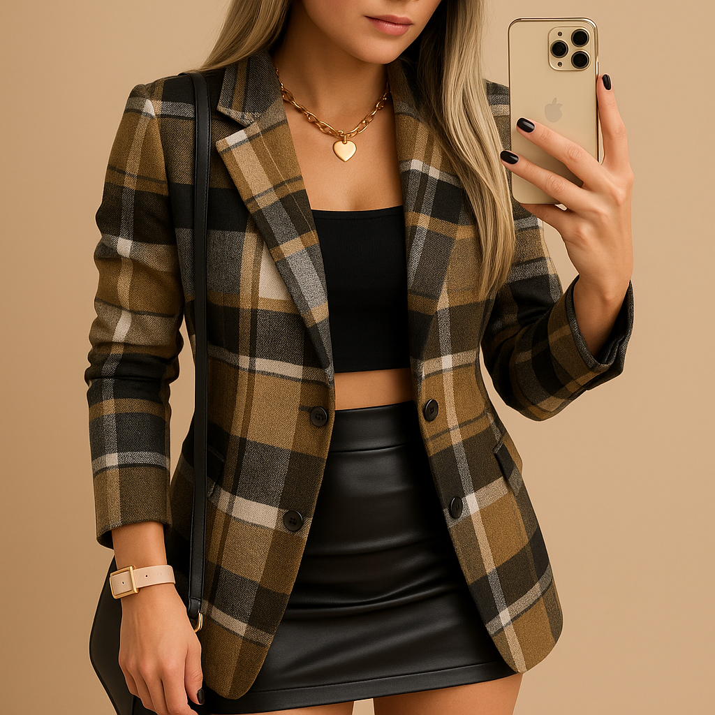 Women’s long quilted blazer with checkered pattern and button closure, ideal for cold days and stylish winter outfits.