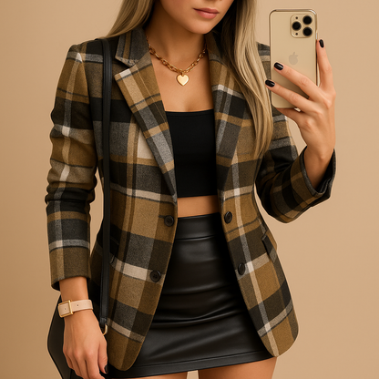 Women’s long quilted blazer with checkered pattern and button closure, ideal for cold days and stylish winter outfits.