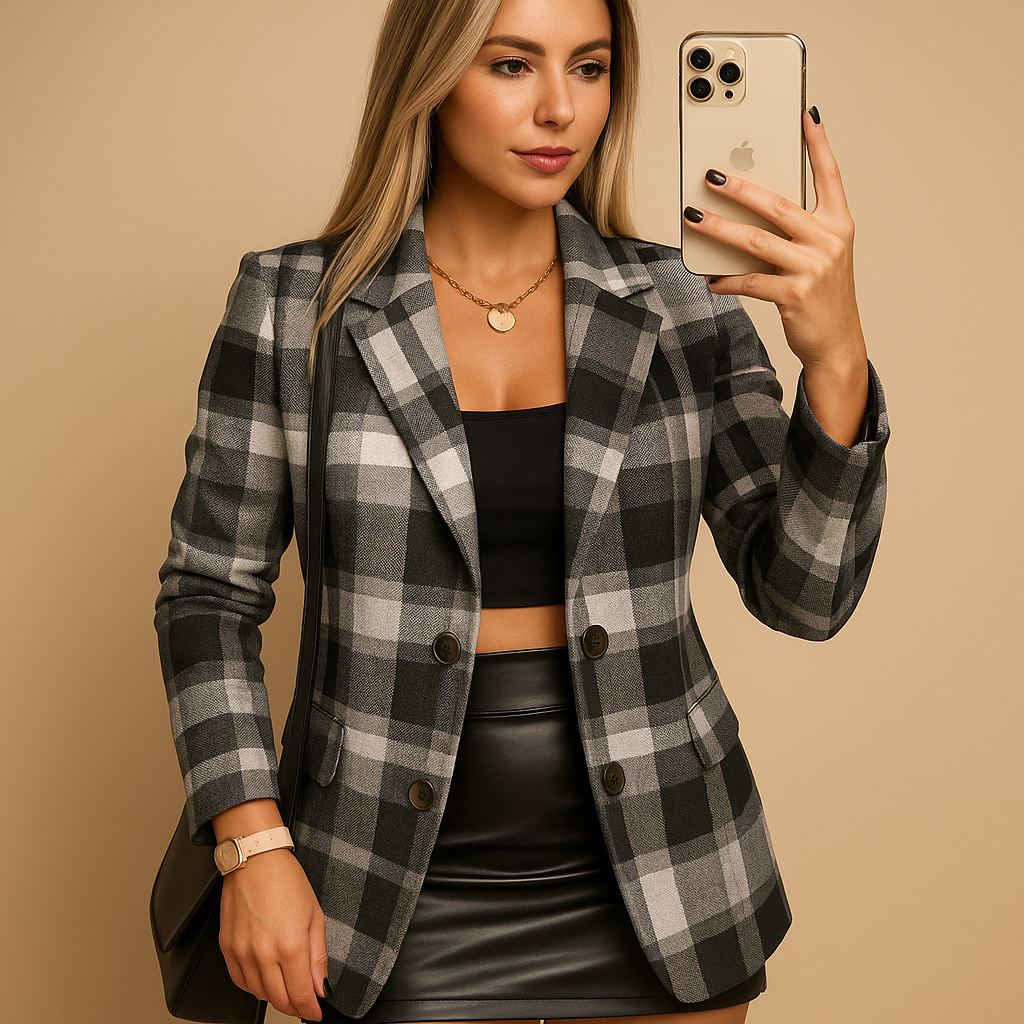 Women’s long quilted blazer with checkered pattern and button closure, ideal for cold days and stylish winter outfits.