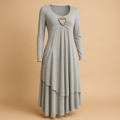 Long sleeve A-line maxi dress for women with round neckline, pockets, and flowing silhouette, perfect for office wear, dinners, and casual outings.