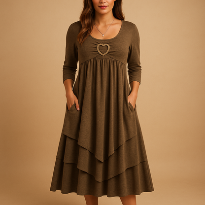 Long sleeve A-line maxi dress for women with round neckline, pockets, and flowing silhouette, perfect for office wear, dinners, and casual outings.