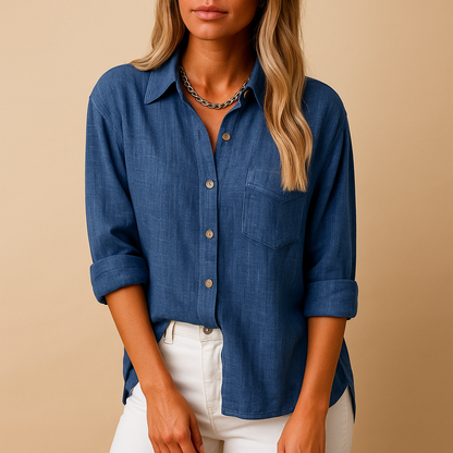 Women’s long sleeve button-up blouse with shirt collar and chest pockets, offering a relaxed fit for work, casual days, and everyday outfits.