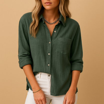 Women’s long sleeve button-up blouse with shirt collar and chest pockets, offering a relaxed fit for work, casual days, and everyday outfits.