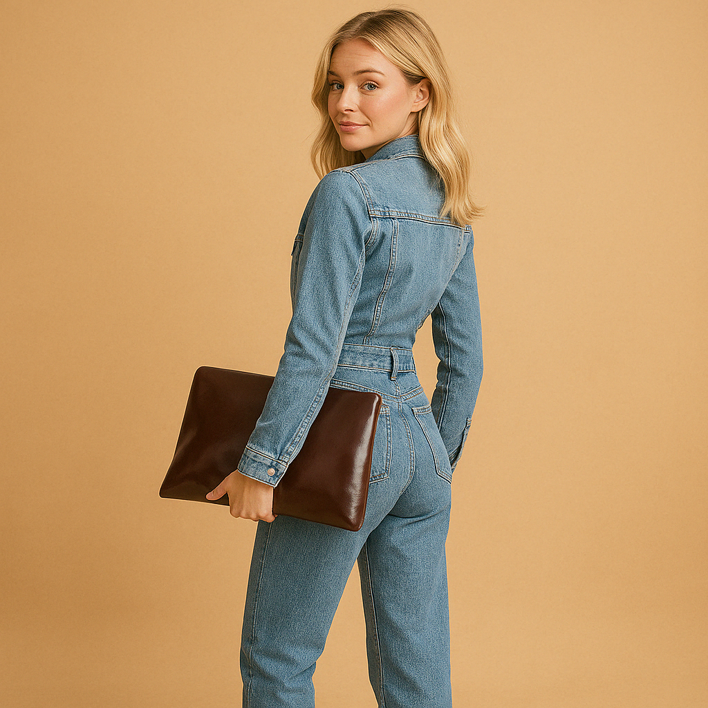 Woman wearing a long-sleeve denim jumpsuit with straight legs and a casual stylish design, suitable for everyday use.