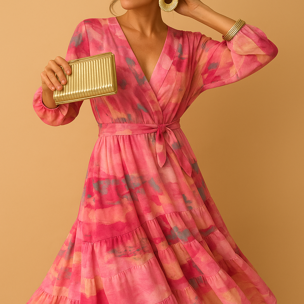 Women’s flowy summer dress with long sleeves and A-line silhouette, perfect for casual outings, brunch, and semi-formal occasions in warm weather.