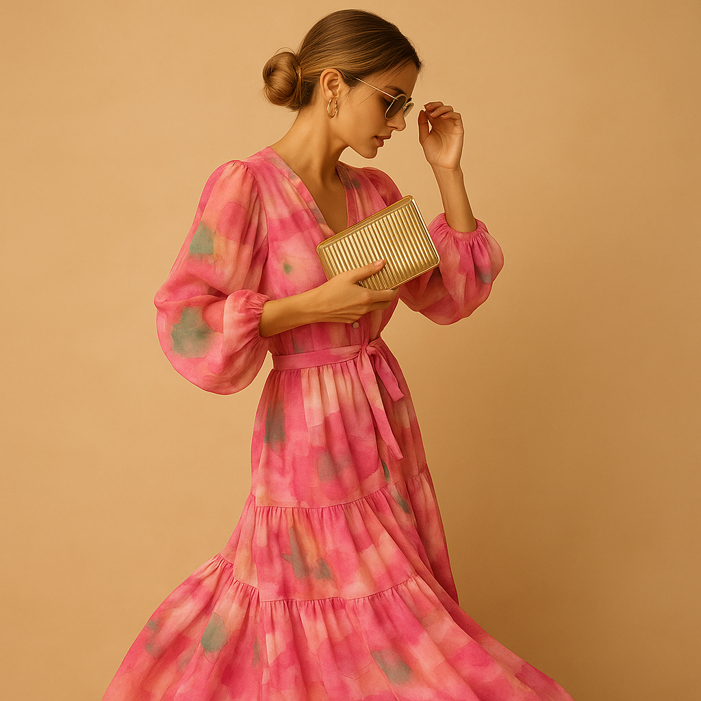Women’s flowy summer dress with long sleeves and A-line silhouette, perfect for casual outings, brunch, and semi-formal occasions in warm weather.