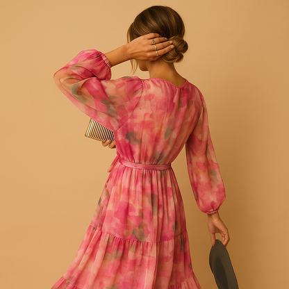 Long sleeve maxi summer dress for women with a flowy A-line silhouette, ideal for casual outings, brunch, and semi-formal summer occasions.
