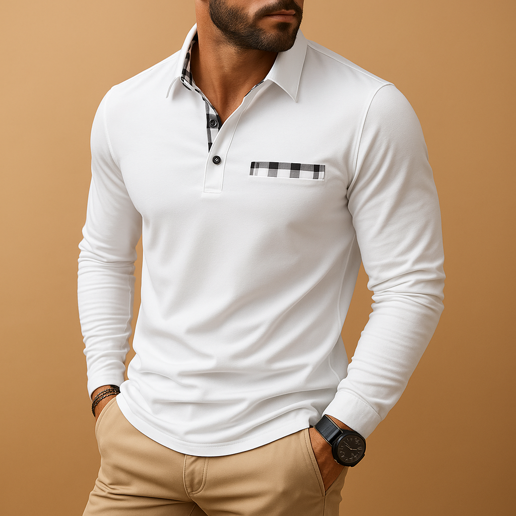 Long sleeve polo shirt for men with a classic collar and comfortable fit, ideal for casual outfits and business casual everyday wear.